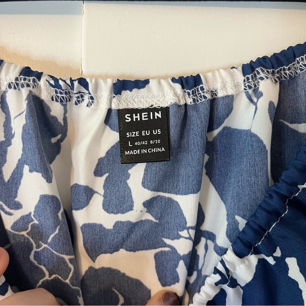 Floral Print Off Shoulder Dress Vacation Blue White Flowy Size Large - Picture 4 of 8